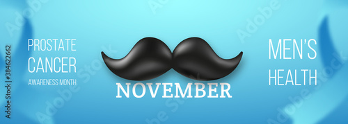 No Shave November long horizontal banner with retro mustache. Prostate cancer awareness month design. Mustache Season. Vector illustration.