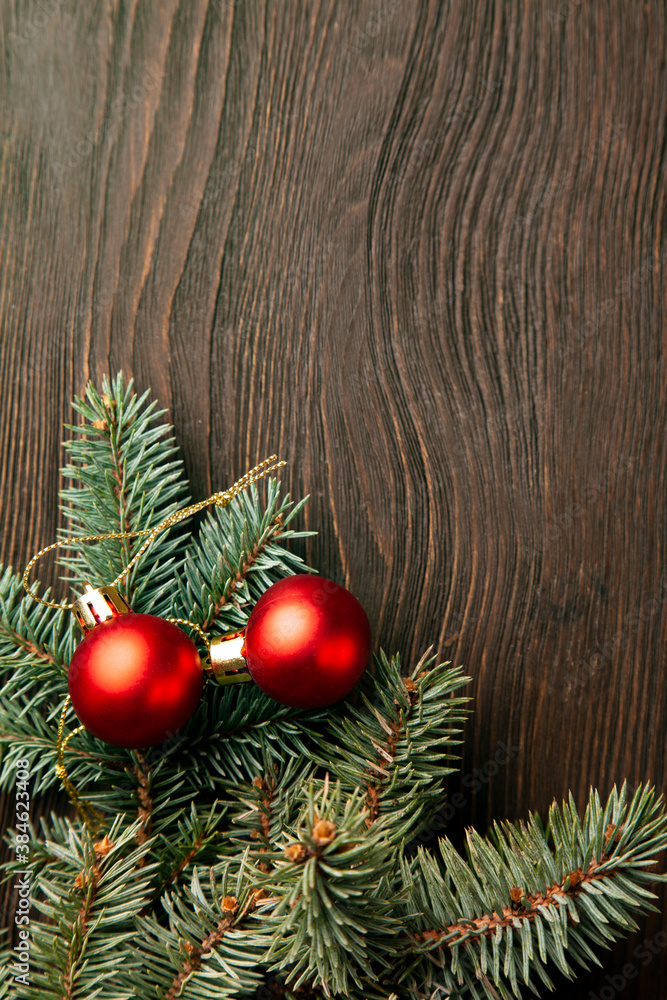 Christmas Tree and decorations on wooden background Christmas Tree and decorations on wooden background
