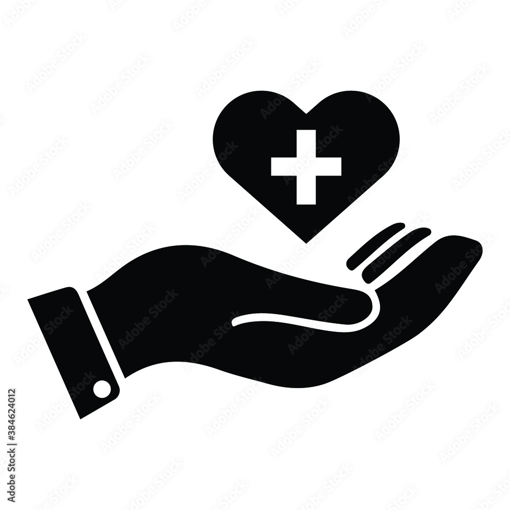 Health insurance, heart care, heart health icon. Black color Health insurance, heart care, heart health icon. Black color
