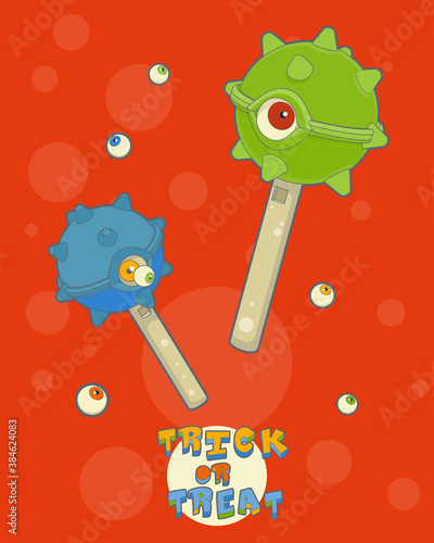 Trick or Treat Poster of Halloween. Monster eye lolipop candies and lettering in pop art trend on an orange background