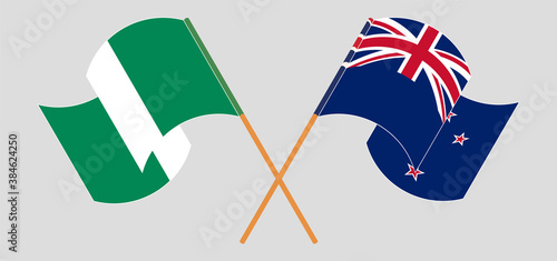 Crossed and waving flags of Nigeria and New Zealand