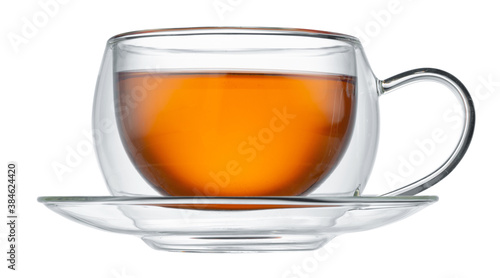 Glass cup of tea isolated on white background