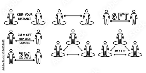 Social distancing icon. Keep a safe distance social distancing in queue 2 meters or 6 feet. Infographic against the spread of the virus. Avoid crowds. Editable stroke. Vector