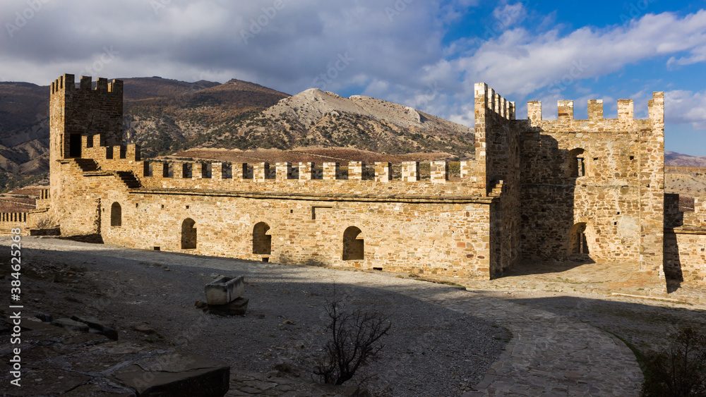 The walls of the Genoese fortress in Sudak, Crimea. The tower of Corrado Cigala and the lower unnamed tower.
