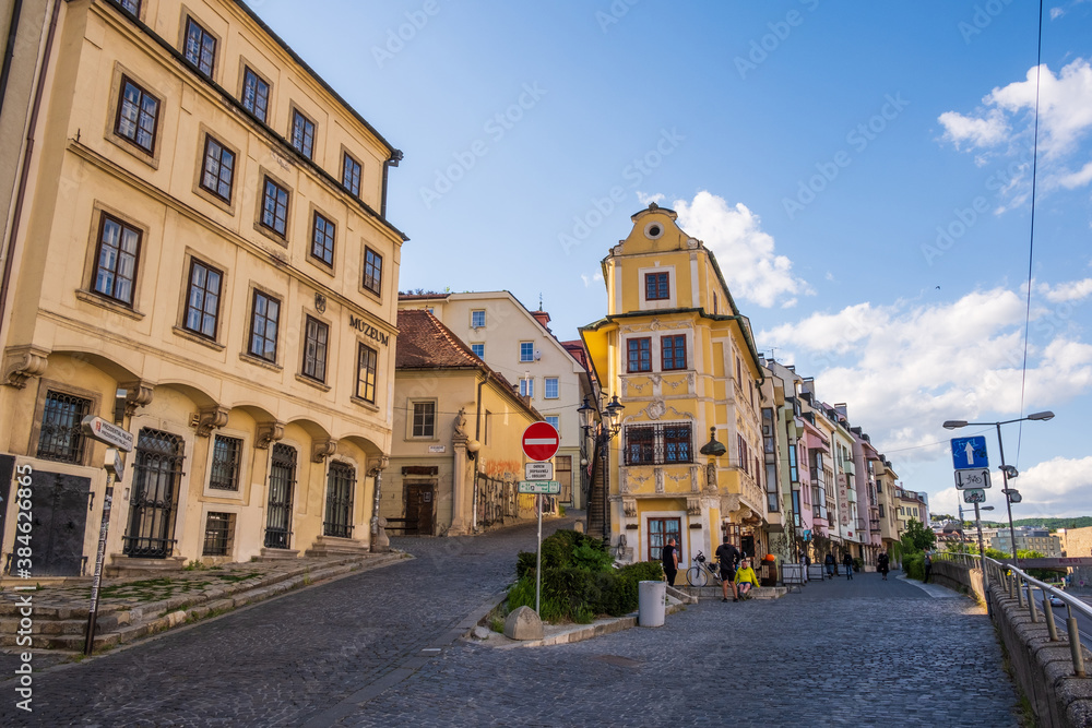 View of Zidovska ulica (Jewish street) in Bratislava, former Jewish quarter raided during WW2, colourful historical buildings and houses in Old Town, tourist spot