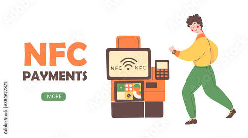 Payment terminal nfc, flat vector landing page template. Safe payment. Man pays for the purchase with mobile hours.
