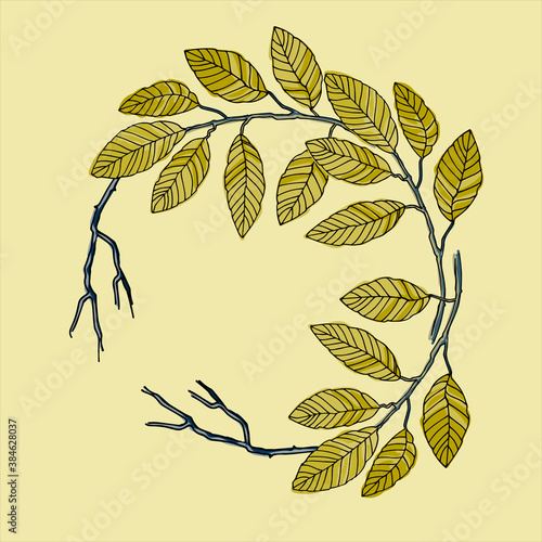 Elm tree branch garland. Realistic hand drawn floral wreath. Greeting card, invitation vector template. Socila media post design element