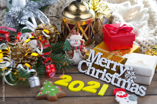Merry Christmas, postcard with gifts and Christmas decorations. © vizafoto
