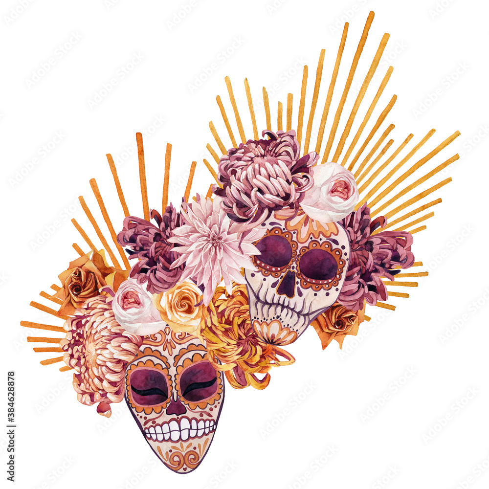 watercolor image of a bouquet with chrysanthemum, rose, palm leaf