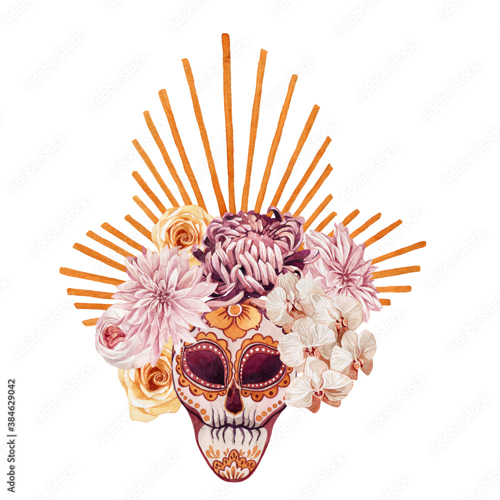 watercolor image of a bouquet with chrysanthemum, rose, palm leaf