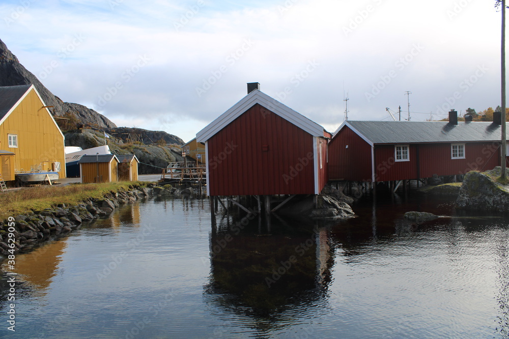 Fototapeta premium The beautiful village of Nusfjord on Lofoten Islands on a great day in autumn