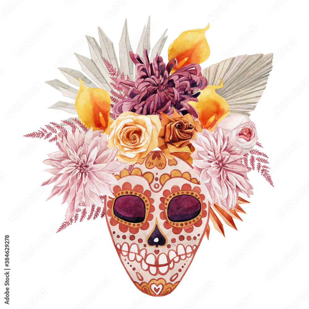 watercolor image of a bouquet with chrysanthemum, rose, palm leaf