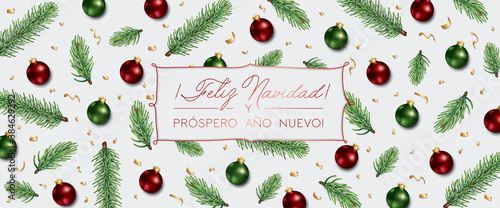 Spanish Christmas Background with Xmas Balls decoration and Elegant Greeting Text of Winter Holidays on Spanish. Feliz Navidad