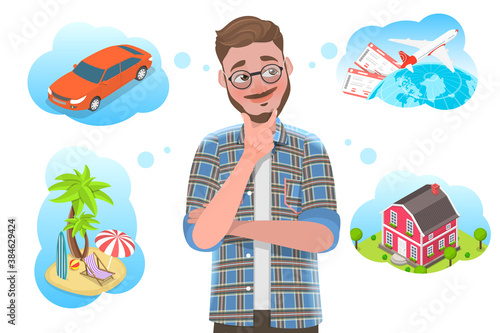 3D Isometric Flat Vector Conceptual Illustration of Man is Dreaming About Car, Sea Vacation, Trip Around the World and House.