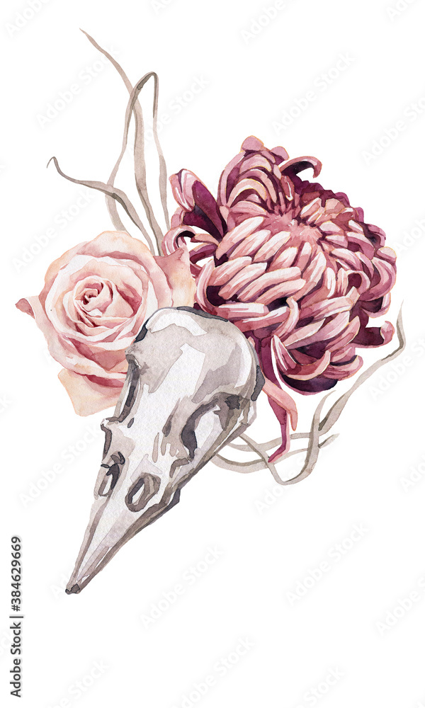 watercolor image of a bouquet with chrysanthemum, rose, palm leaf