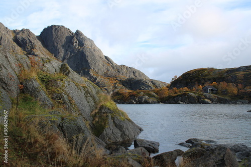 Fototapeta Naklejka Na Ścianę i Meble -  A romantic postcard photo of the Norwegian fjord landscape