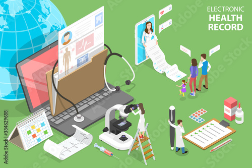 3D Isometric Flat Vector Conceptual Illustration of EHR - Electronic Health Record, Electronically-Stored Patient Health Information.