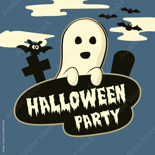 Ghost Halloween crosses instead of eyes. Pale ghost and 
inscription "Halloween party".