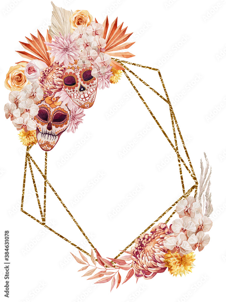 watercolor image of a bouquet with chrysanthemum, rose, palm leaf