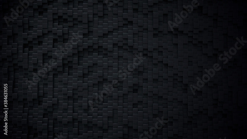 Dark wall of cubes. Black 3D rendering backgroud.