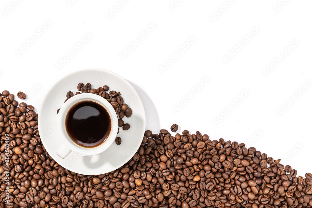 Cup of Espresso Coffee and roasted beans on white background Cup of Espresso Coffee and roasted beans on white background