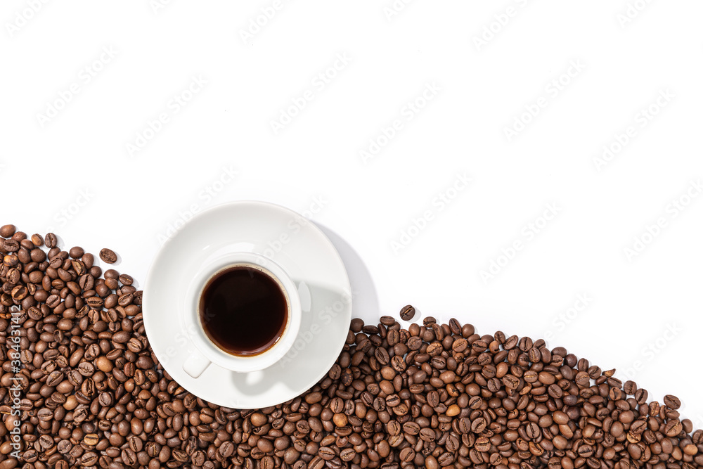 Naklejka premium Cup of Espresso Coffee and roasted beans on white background