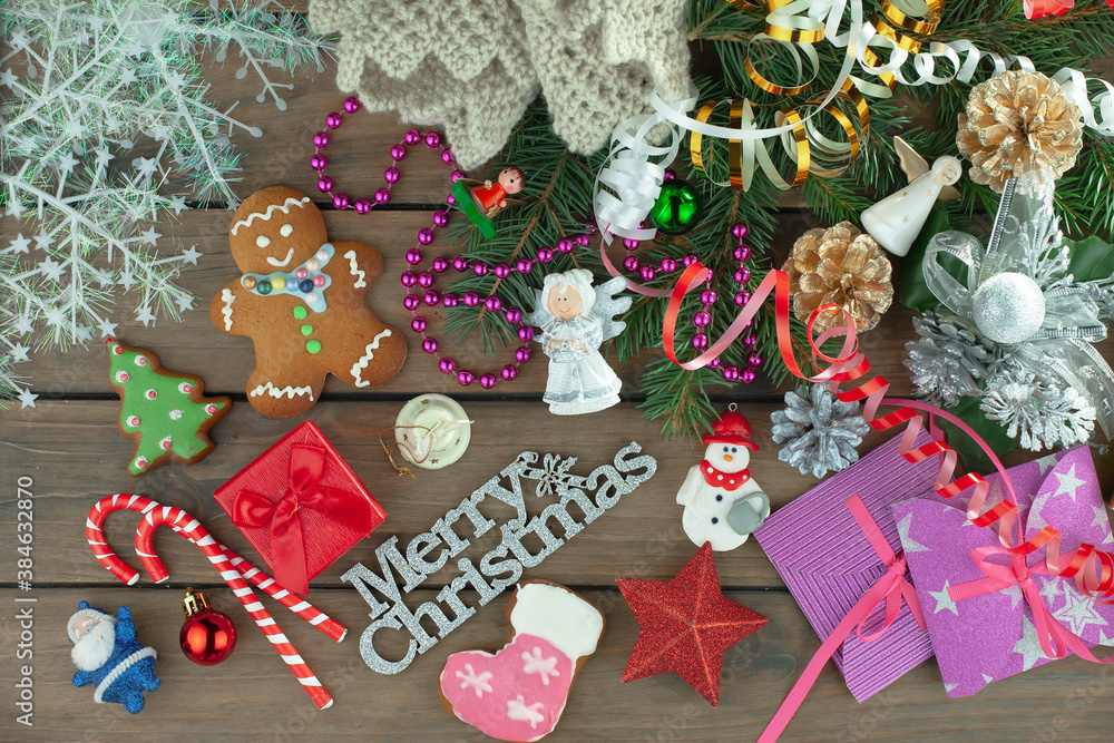 Merry Christmas card with gifts and, coffee and Christmas decorations.