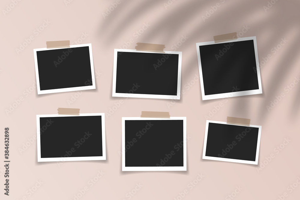 Collection of realistic blank photo frames with adhesive tape, trendy tropical shadow overlay effect. Mockup design. Vector illustration Collection of realistic blank photo frames with adhesive tape, trendy tropical shadow overlay effect. Mockup design. Vector illustration