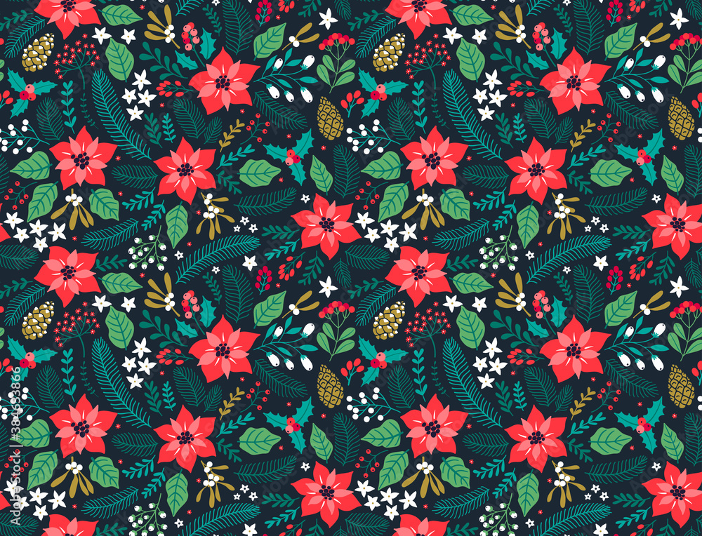 Seamless floral pattern with winter plants. Winter floral background. Colorful pattern with Christmas floral elements on a blue background. Holiday design for Christmas and New Year fashion prints. Seamless floral pattern with winter plants. Winter floral background. Colorful pattern with Christmas floral elements on a blue background. Holiday design for Christmas and New Year fashion prints.