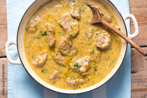 Pork loin in vegetable cream dill sauce