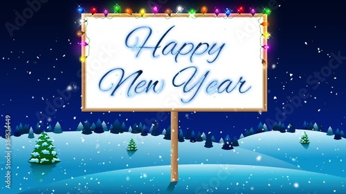 Billboard on winter night with Christmas lights and text Happy New Year. Looping video.