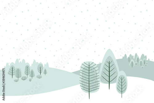Winter forest landscape background. Christmas forest scene with forest trees. Blue white colors. New Year banner