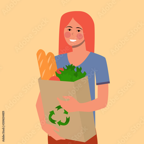 Ginger sweet yong girl with grocery bag, flat illustration. Oganic, eco and naturale concept