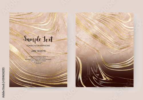 Elegant blurred celebration invitation cards with gold marble texture.