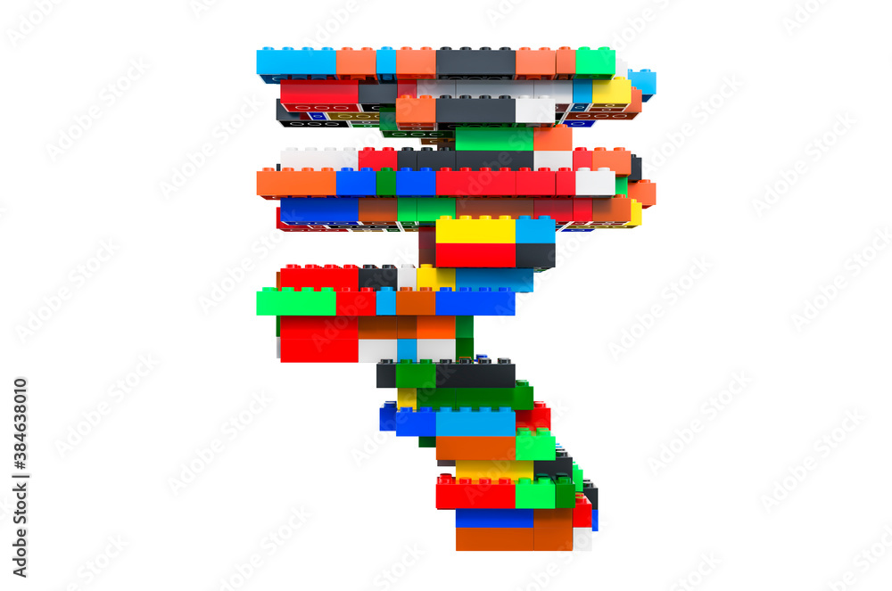 Rupee from colorful building toy blocks, 3D rendering