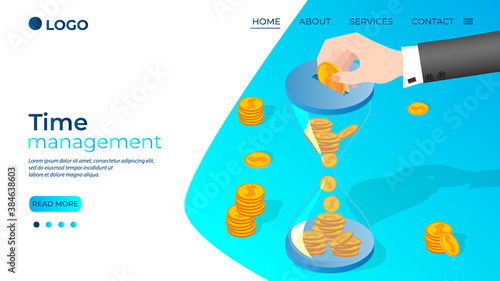 Time-management.A hand that throws money into an hourglass.The concept of time management, business activity and financial investments.Isometric vector illustration.The template of the landing page.