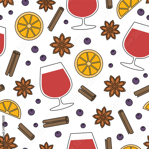 Christmas red mulled wine spicy drink seamless pattern, winter tasty warm wine ingredients, gluhwein doodles