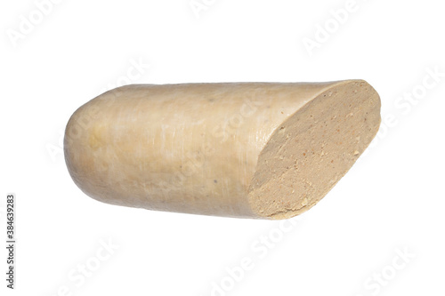 Liver sausage on a white background.A piece of liver sausage.