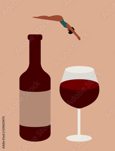 Wine lover or addict concept. Young black woman enjoying red wine. Female character jumping into a glass from a bottle. Wine tasting, wine festival. Flat minimalistic vector illustration