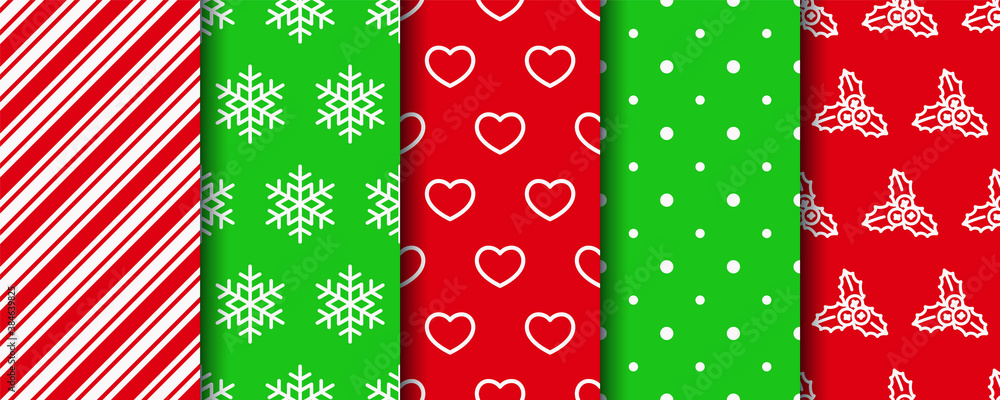 Five Christmas seamless patterns set. Holiday wrapping paper. New year textures. Festive seamless background with xmas, stripes, polka dot and geometric fabric ornament. Vector