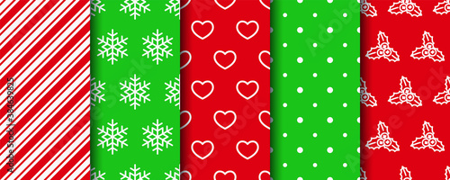 Five Christmas seamless patterns set. Holiday wrapping paper. New year textures. Festive seamless background with xmas, stripes, polka dot and geometric fabric ornament. Vector