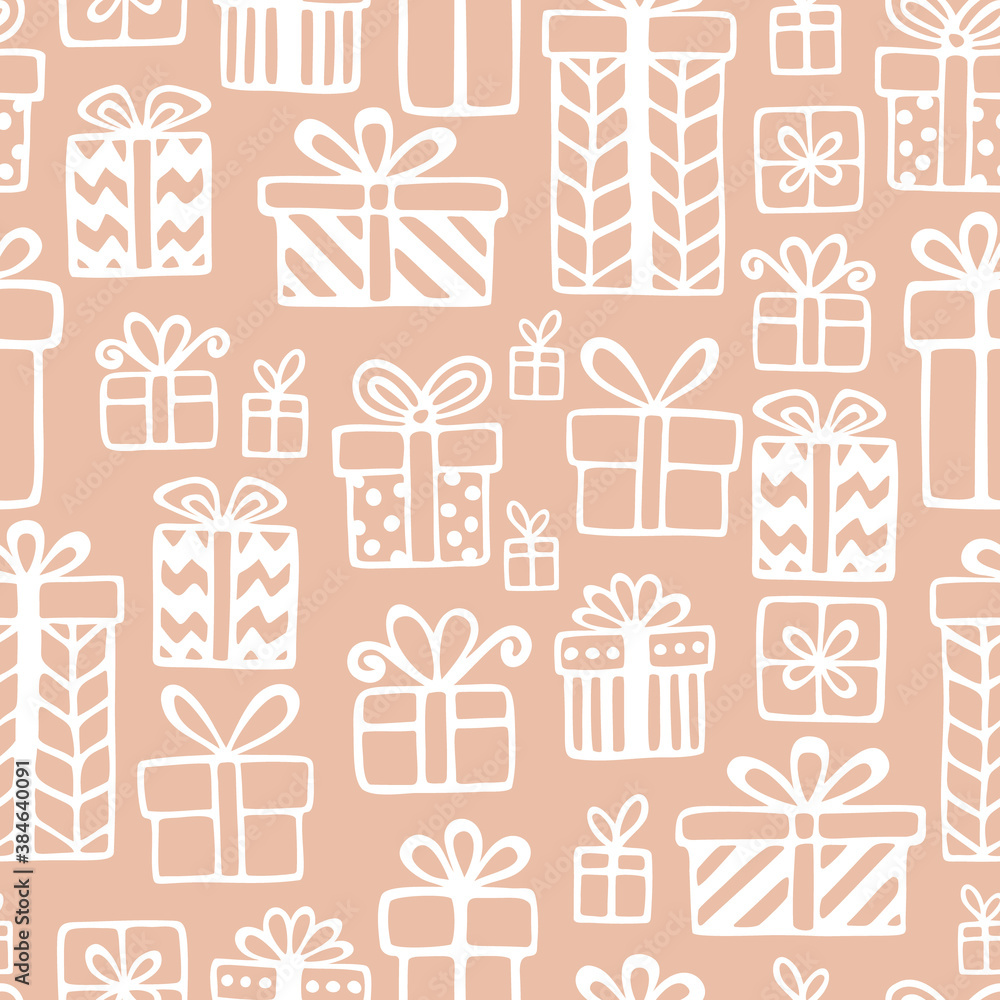 Vector seamless pattern with hand drawn gift boxes in different wrapping paper and with bowknots. Simple design for Christmas wrappings, textile and backgrounds Vector seamless pattern with hand drawn gift boxes in different wrapping paper and with bowknots. Simple design for Christmas wrappings, textile and backgrounds