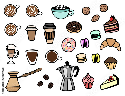 Vector coffee set with different drinks: cappuccino, espresso, hot chocolate; coffee makers: cezve, moka and desserts. Hand drawn, doodle elements isolated on white background