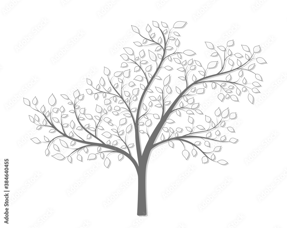 Tree with leaves in gray with a light shadow on a white background