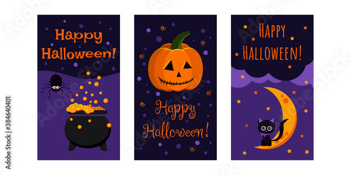 Happy Halloween greeting card set. Cute halloween character black cat on moon  orange pumpkin jack lamp  cauldron with poison and black spider. Vector cartoon flat style party flyer illustrations.