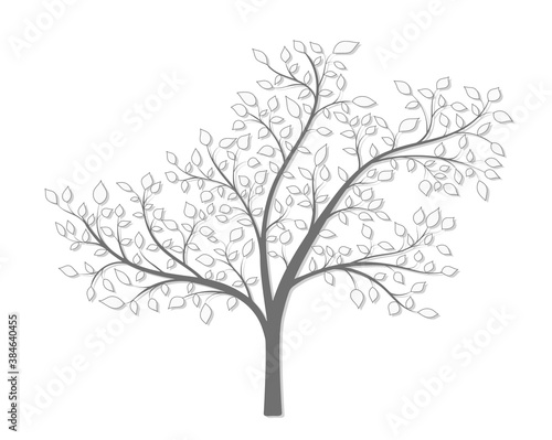 Tree with leaves in gray with a light shadow on a white background