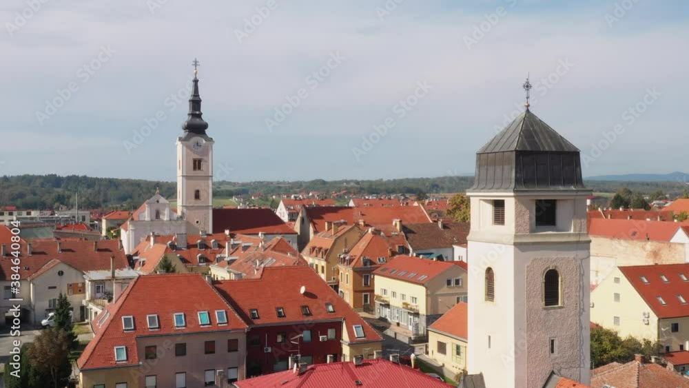 Cathedral towers in town of Krizevci aerial panoramic view, Prigorje region of Croatia Cathedral towers in town of Krizevci aerial panoramic view, Prigorje region of Croatia