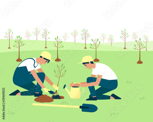 Gardeners plant stone fruit crops in the spring. In spring, plants take root better, develop and survive. Concept of collaboration and environment care. Flat vector illustrations photo