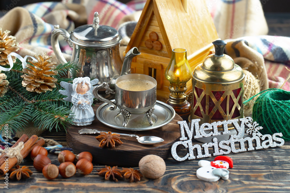 Merry Christmas card with gifts and, coffee and Christmas decorations. Merry Christmas card with gifts and, coffee and Christmas decorations.
