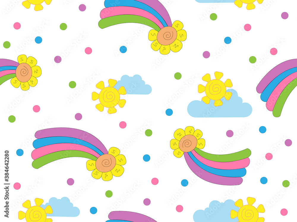 Seamless vector pattern with rainbow. Sun and clouds on children's print pattern. Cartoon rainbow and sun.